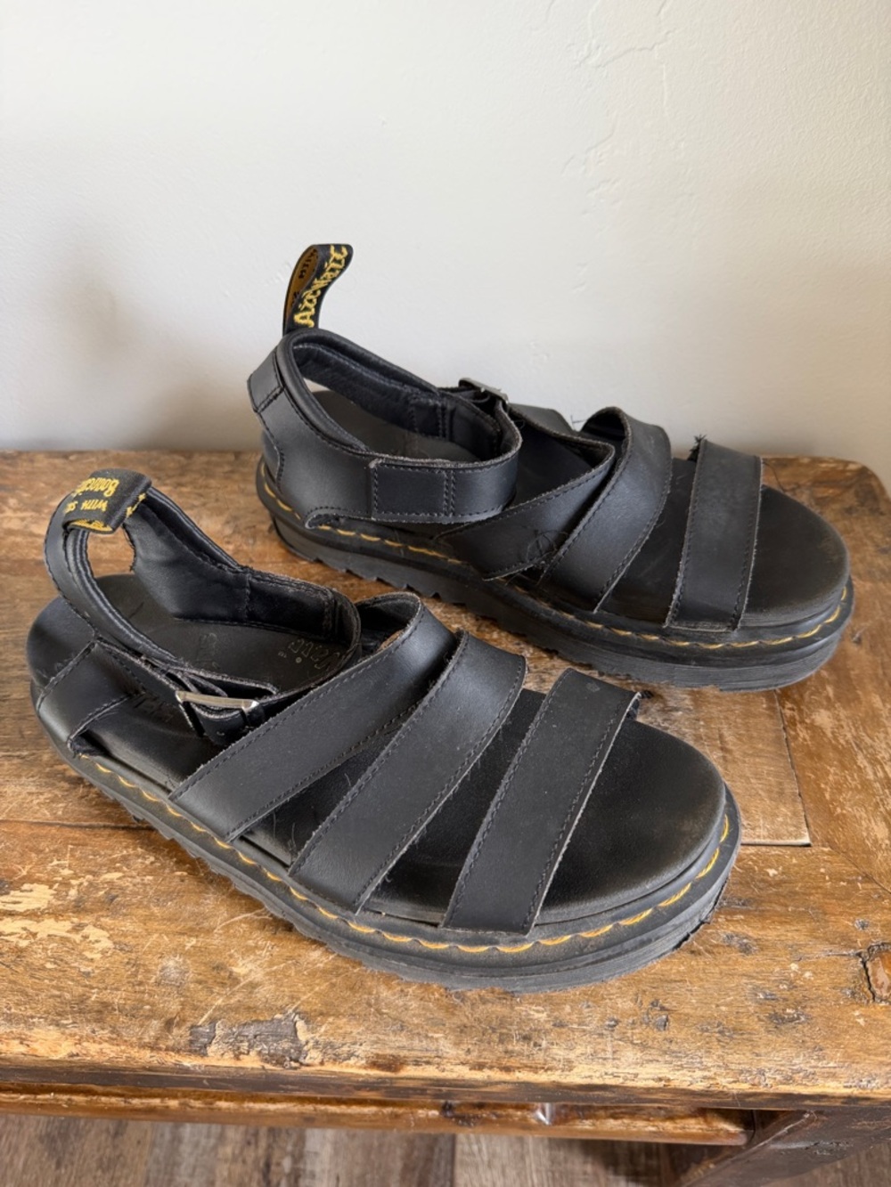 Dr. Martens Black Leather Platform Strappy Sandals with Yellow Stitching Size 39